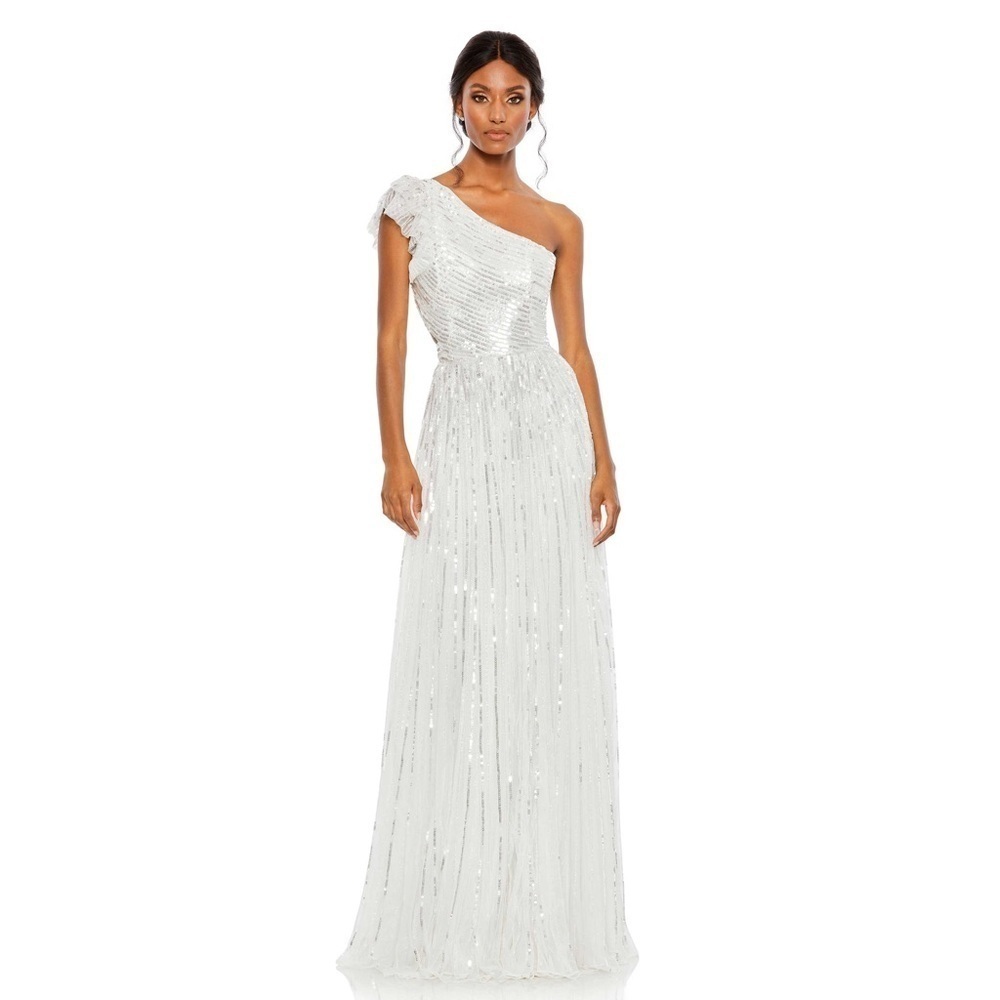 MAC DUGGAL 5565 NWT Sequined One Shoulder Flutter Sleeve A Line Gown